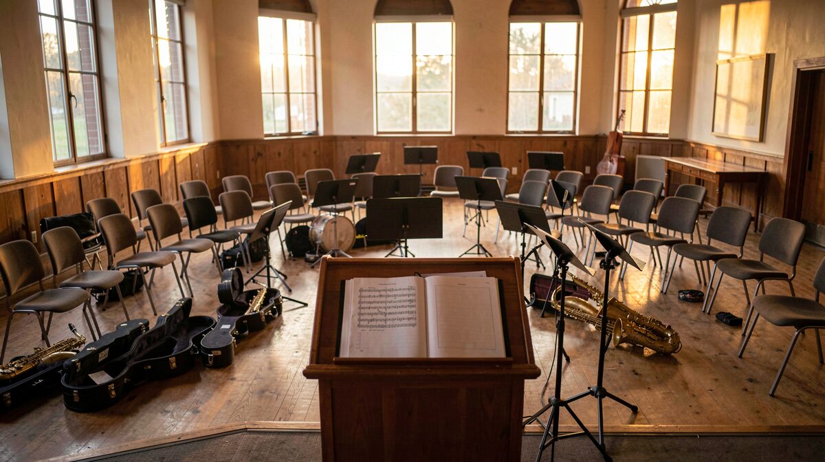 The stand waits for the chairs: three rows of desks and cases before a Wednesday rehearsal.