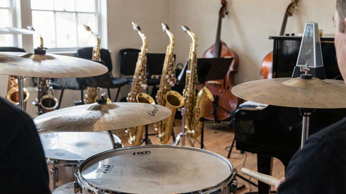 The view from the engine room: ride cymbal, reed backs, and the bass waiting in the corner.