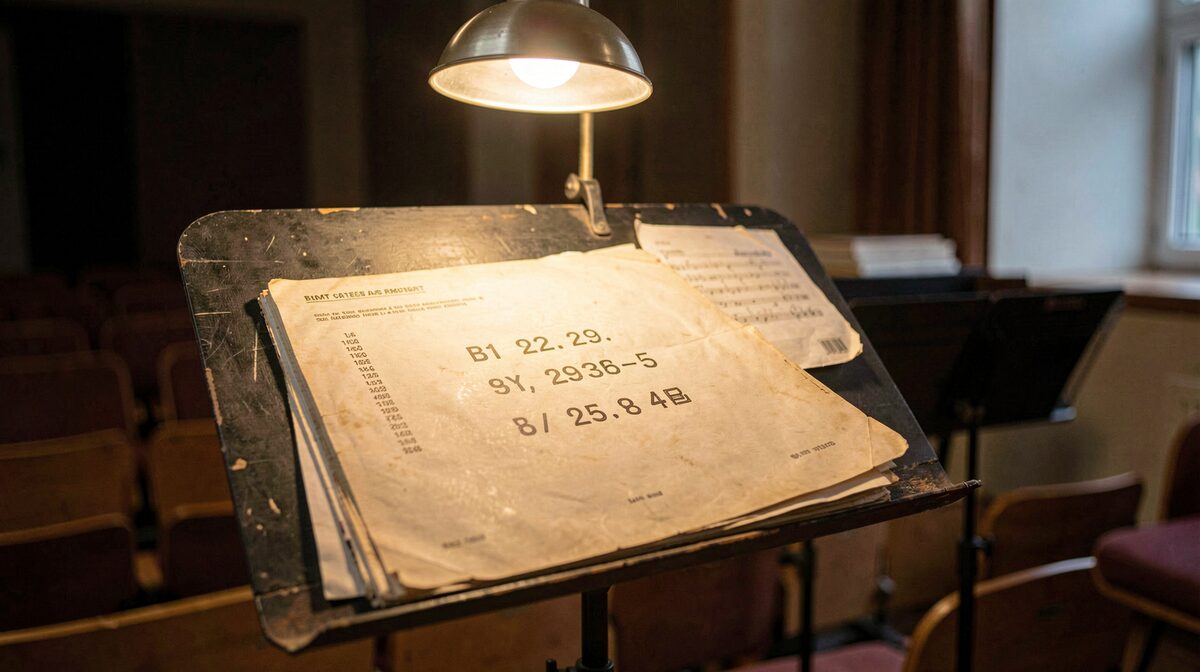 A worn big band chart folder open on a music stand, stamped catalogue numbers visible on the cover, under warm rehearsal-hall lamplight.